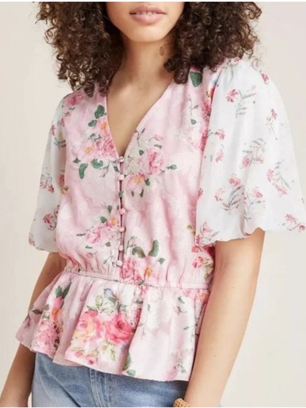 Hemant & Nandita Anthropologie Pink Floral Peplum Button-Front Top, size XS